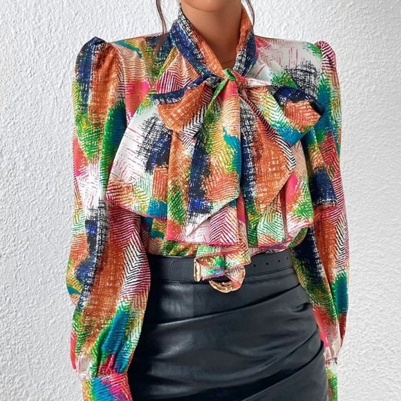 Multicolor contemporary print Tie Neck Lantern Sleeve Blouse - Picture 5 of 6
